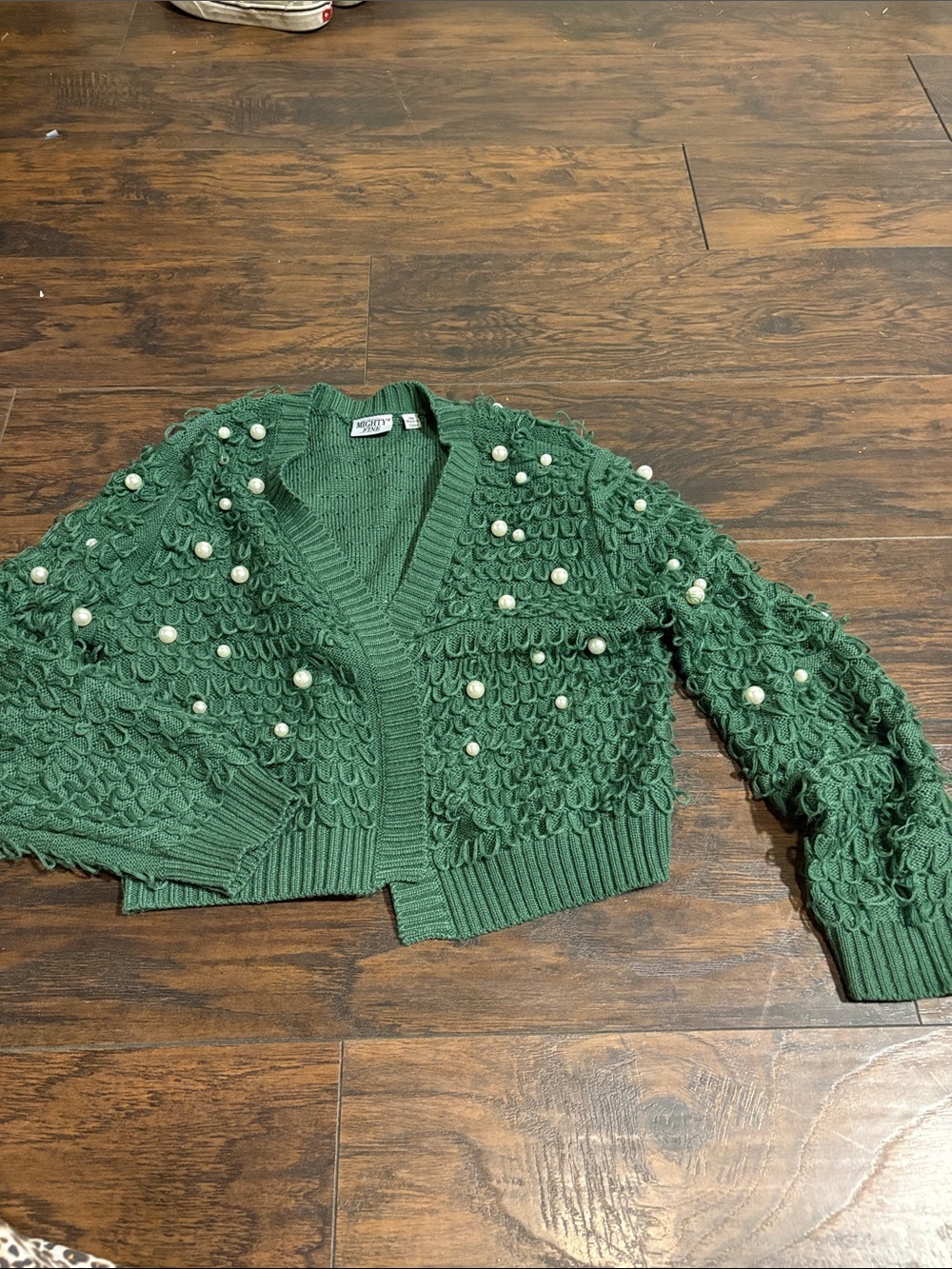 Mighty Fine Emerald Green Pearl-Embellished Cropped Cardigan